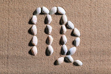 Virgo Zodiac sign made of seashells on sand background