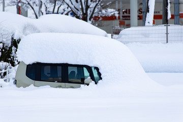 大雪に埋もれた乗用車