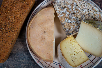 cheeses and Tomme de Savoie, French cheese Savoy, french Alps France.