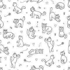 Cats Vector Seamless pattern. Hand Drawn Doodle fluffy Kittens