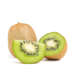Sliced halves and whole kiwi fruit isolated on white background