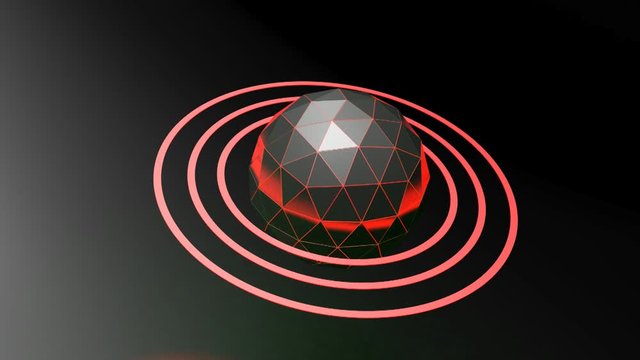 An abstract futuristic background with a faceted black sphere having red lit borders and green lit rings, at the lower right corner - 3D rendering video clip