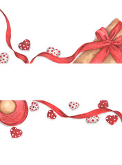 Gift box, satin ribbon rolls red color and chocolate heart on white background, copy space. Top view. Hand painted watercolor illustration.