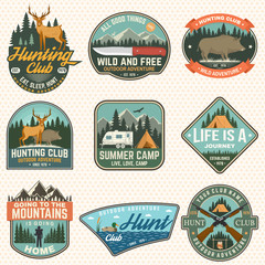 Obraz premium Set of hunting club and hiking club badge. Vector. Concept for shirt, logo, print, stamp. Vintage design with rv trailer, camping tent, boar, deer and forest silhouette