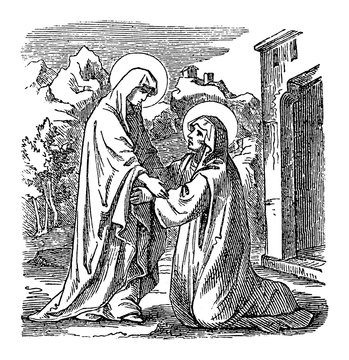 Vintage drawing or engraving of biblical story of virgin Mary, mother of Jesus, visiting saint Elizabeth. Bible, New Testament,Luke 1. Biblische Geschichte , Germany 1859.
