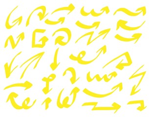 Arrows icons set. Yellow marker arrow sketch handmade doodle 