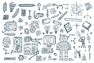 Science icons. Hand drawn doodles Physics Set. Robot, Measuring equipment, instrumentation and elements