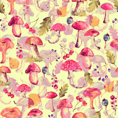 Seamless watercolor pattern, background with a picture of forest mushrooms, berries, autumn leaves, plants. lingonberry, cranberry, blueberry. Vintage illustration for a variety of designs.