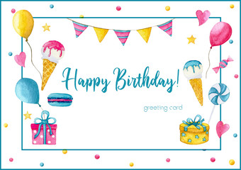 Charming mockup for creating a festive card for birthday or anniversary greetings with ice cream, candies, colorful confetti, gift boxes, balloons, macaroons, stars, hearts, candies and flags.