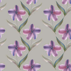Blooming orchids. Seamless pattern of decorative lilac flowers, green leaves,stems on a light background.Watercolor, brush stroke from color to color.Suitable for design of fabric, wrapping,home decor