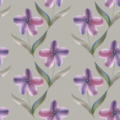 Blooming orchids. Seamless pattern of decorative lilac flowers, green leaves,stems on a light background.Watercolor, brush stroke from color to color.Suitable for design of fabric, wrapping,home decor