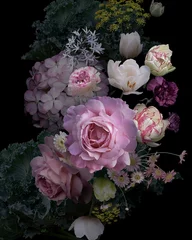 Fotobehang Vintage garden flowers and decorative herbs on black background. © marinavorona