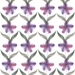 Blooming orchids. Seamless pattern of decorative lilac flowers, green leaves, stems on a white background.Watercolor, brush stroke from color to color.Suitable for design of fabric,wrapping,home decor