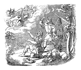 Vintage drawing or engraving of biblical story of angel speaking to shepherds near Bethlehem about bird of Jesus.Bible, New Testament,Luke 1. Biblische Geschichte , Germany 1859.