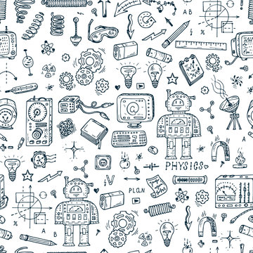 Physics. Science seamless pattern. Hand drawn doodles Robot, Measuring equipment, instrumentation and elements