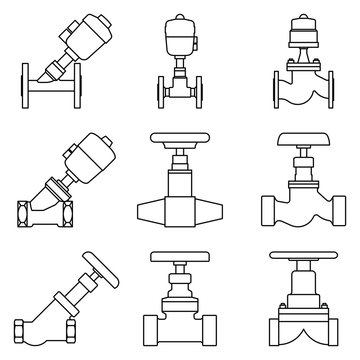 Industrial Valves Icons. Piston Valve. Control Valves. Thin Line Vector