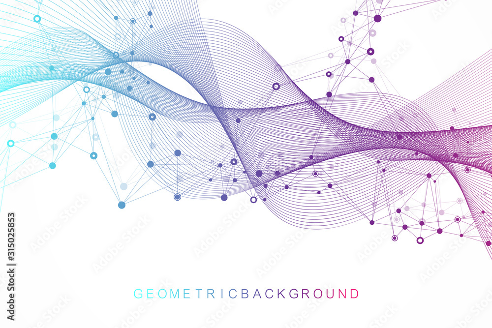 Poster Abstract dynamic motion lines and dots background with colorful particles. Digital streaming background, wave flow. Plexus stream background. Big Data technology, vector illustration