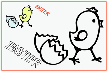 Easter coloring for little preschoolers. Outline drawing of a cute cockerel boy emerged from an egg shell. An example of coloring in smaller sizes. Easter text.