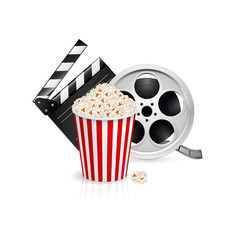 Movie Clapper Board, Popcorn in the Striped Bag and Film Reel Over White Background. Cinematography Movie Festival Concept
