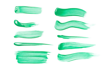 Set of green brush strokes of acrilic or oil paint