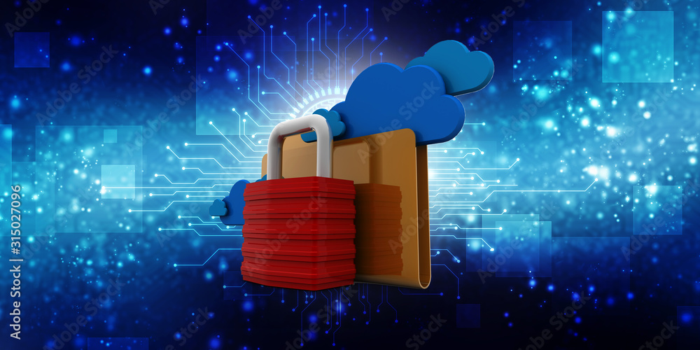 Poster yellow folder and lock. data security concept. 3d rendering