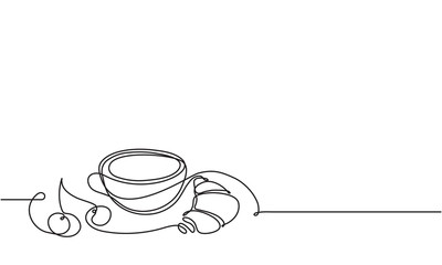 Croissant, coffee and cherry. Cup of hot drink and pastries with berries. Continuous line drawing. Vector sketch.