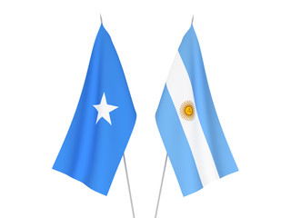 National fabric flags of Argentina and Somalia isolated on white background. 3d rendering illustration.