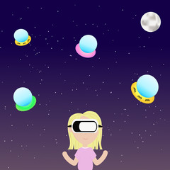 Naklejka premium Girl in virtual reality glasses against the background of the starry sky. Vector.