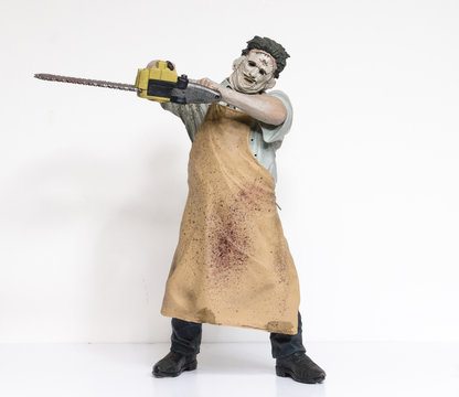 london, england, 05/05/2018 Texas chainsaw massacre large 18 inch collectable action figure. Leatherface.Jedidiah Sawyer wielding a chainsaw. Scary Horror movie halloween film.