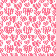 Watercolor hand drawn seamless pattern with striped hearts on white background for cute holiday, Valentine's Day, love design, wrapping paper, greeting card, package, invitations