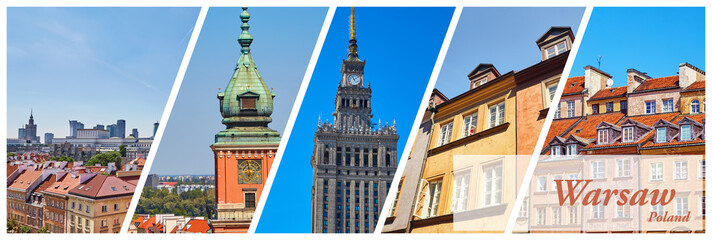 Promotional cover for travel article for visiting Warsaw, Poland with 5 images.