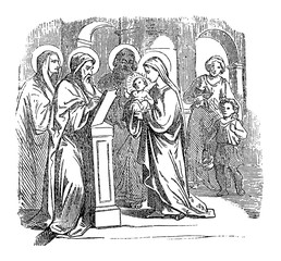Vintage drawing or engraving of biblical story of baby Jesus presented in temple with mother Mary, father Saint Joseph, Simeon and prophet Anna.Bible, New Testament,Luke 2. Biblische Geschichte