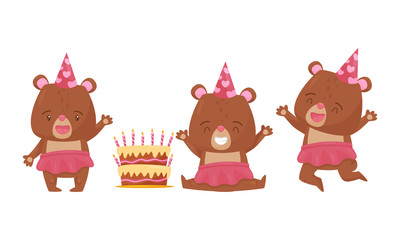 Cute Bear Female Animal Wearing Skirt Celebrating Birthday Vector Illustrations Set
