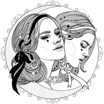  black and white illustration of a girl twins two entities 