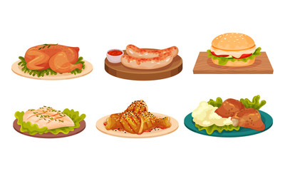Dishes with Grilled Meat Served on Plates with Greenery Vector Illustrations Set