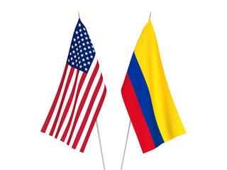 National fabric flags of America and Colombia isolated on white background. 3d rendering illustration.
