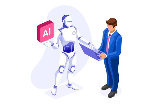 Symbolic office, computer symbol as remote web assistance for humans. Artificial intelligence technology sign. Internet workers simple man and high tech robot machine. Cartoon flat vector illustration