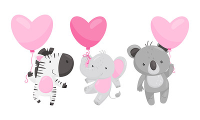 Schattige dieren met hartvormige roze ballonnen Vectorillustraties Set