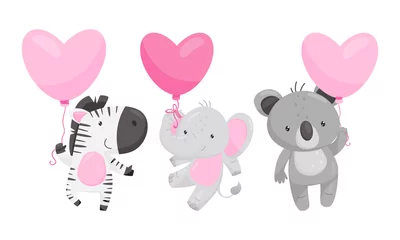 Meubelstickers Dieren met ballon Schattige dieren met hartvormige roze ballonnen Vectorillustraties Set