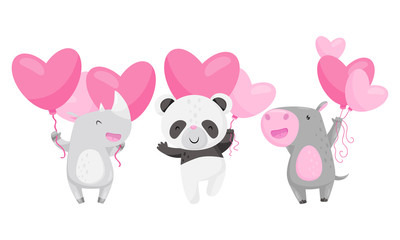 Cute Animals Holding Heart Shaped Pink Balloons Vector Illustrations Set