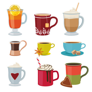 Hot drinks. Warm mugs tea coffee cocoa mulled wine vector collection cartoon pictures. Illustration winter hot cocoa, warm coffee or chocolate