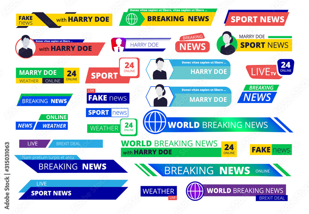 Poster breaking news banners. broadcasting television interface labels user name and logotype text graphic 