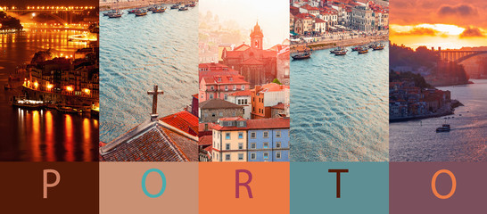 Porto, Portugal.  Collage of famous places of Porto.