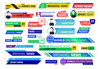 Breaking news banners. Broadcasting television interface labels user name and logotype text graphic bar vector collection. Tv broadcast bar title, information headline news illustration - obrazy, fototapety, plakaty