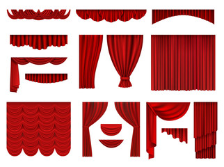 Red curtains. Textile theatrical opera scenes decoration curtains vector realistic collection set. Fabric curtain velvet, presentation theatrical illustration