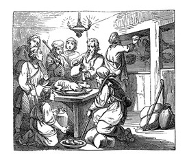 Vintage drawing or engraving of biblical story of the Passover, Eastern lamb eaten before Israelite left the slavery in Egypt.Bible, Old Testament,Exodus 12. Biblische Geschichte , Germany 1859.