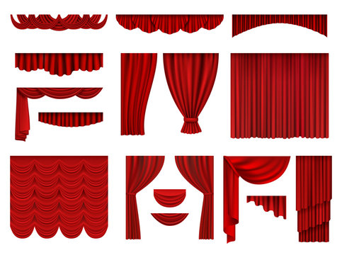 Red curtains. Textile theatrical opera scenes decoration curtains vector realistic collection set. Fabric curtain velvet, presentation theatrical illustration