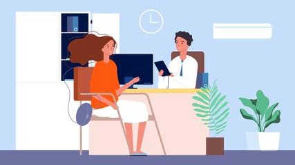 Job interview. Female seekers, HR manager and woman. Office conversation, business recruitment or testing vector illustration. Hr interview, hiring candidate, job female manager