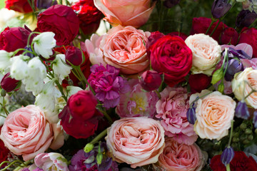 composition of pink and red roses on a blurred background.