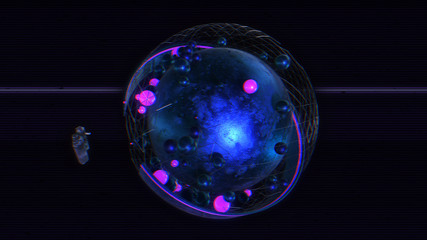 Abstract Art | Metallic sphere with neon bubbles on dark striped background. Banner design. Retrowave, synthwave, vaporwave illustration. ⁞ 3D Illustration with Glitch Effect